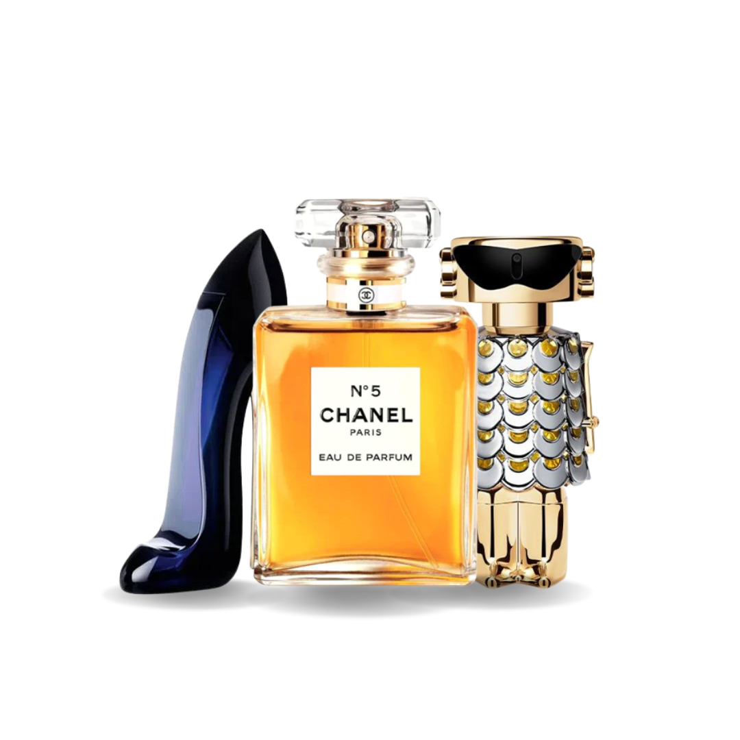 Combination of 3 perfumes - Good Girl from Carolina Herrera, Nº5 from Chanel and Fame from Paco Rabanne