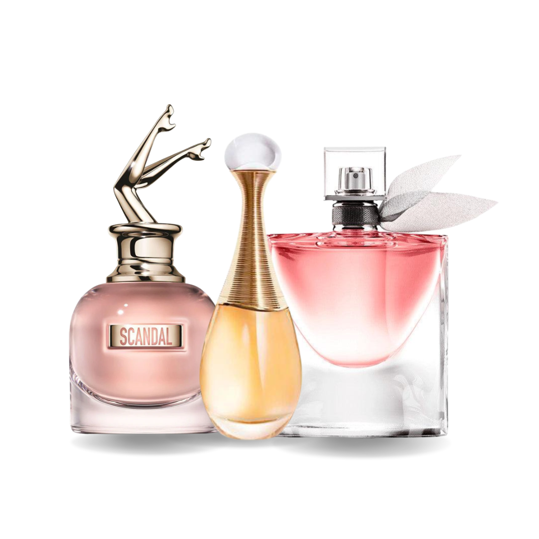 3 Perfume combination - Scandal from Jean Paul Gaultier, J'adore from Dior and La Vie Est Belle from Lancôme